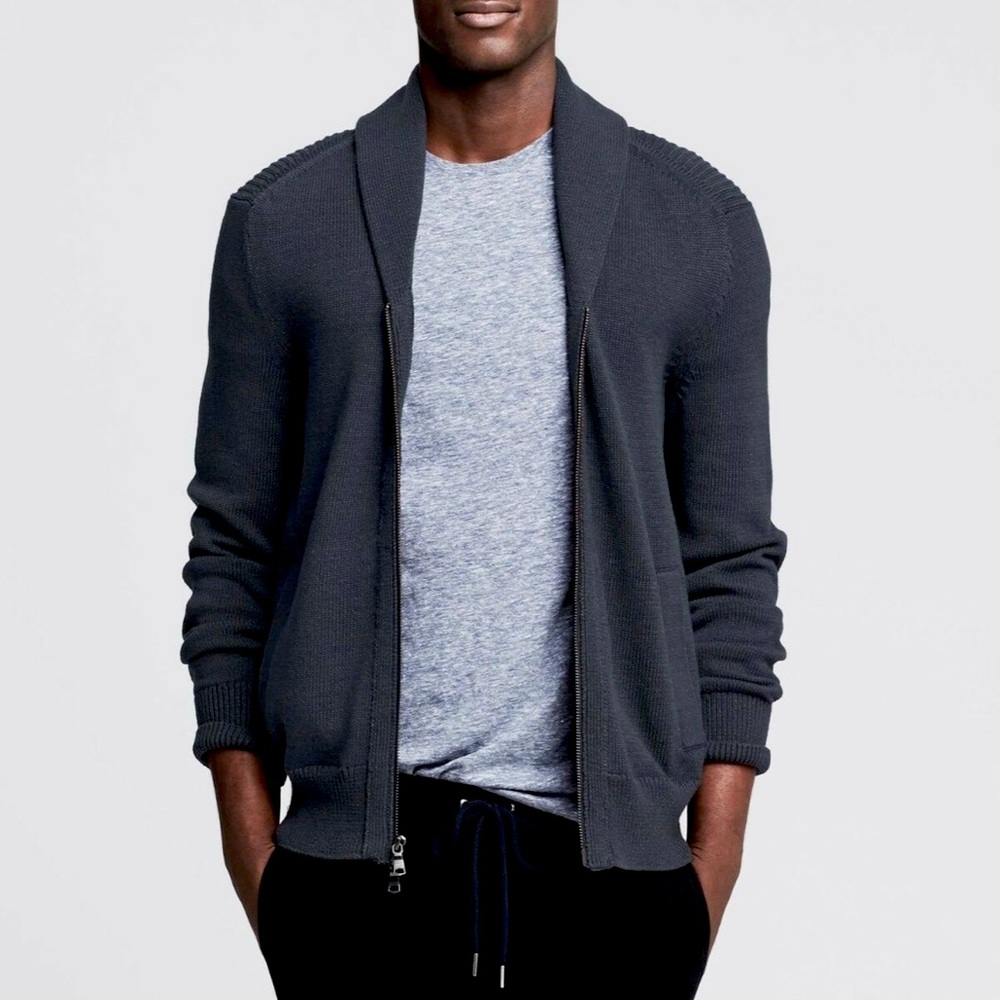 Men’s Banana Republic Zip Front navy Olive Heather Shawl Collar Cardigan M